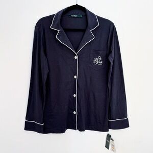 NWT Lauren Ralph Lauren Pajama Top Small navy blue white piping monogram